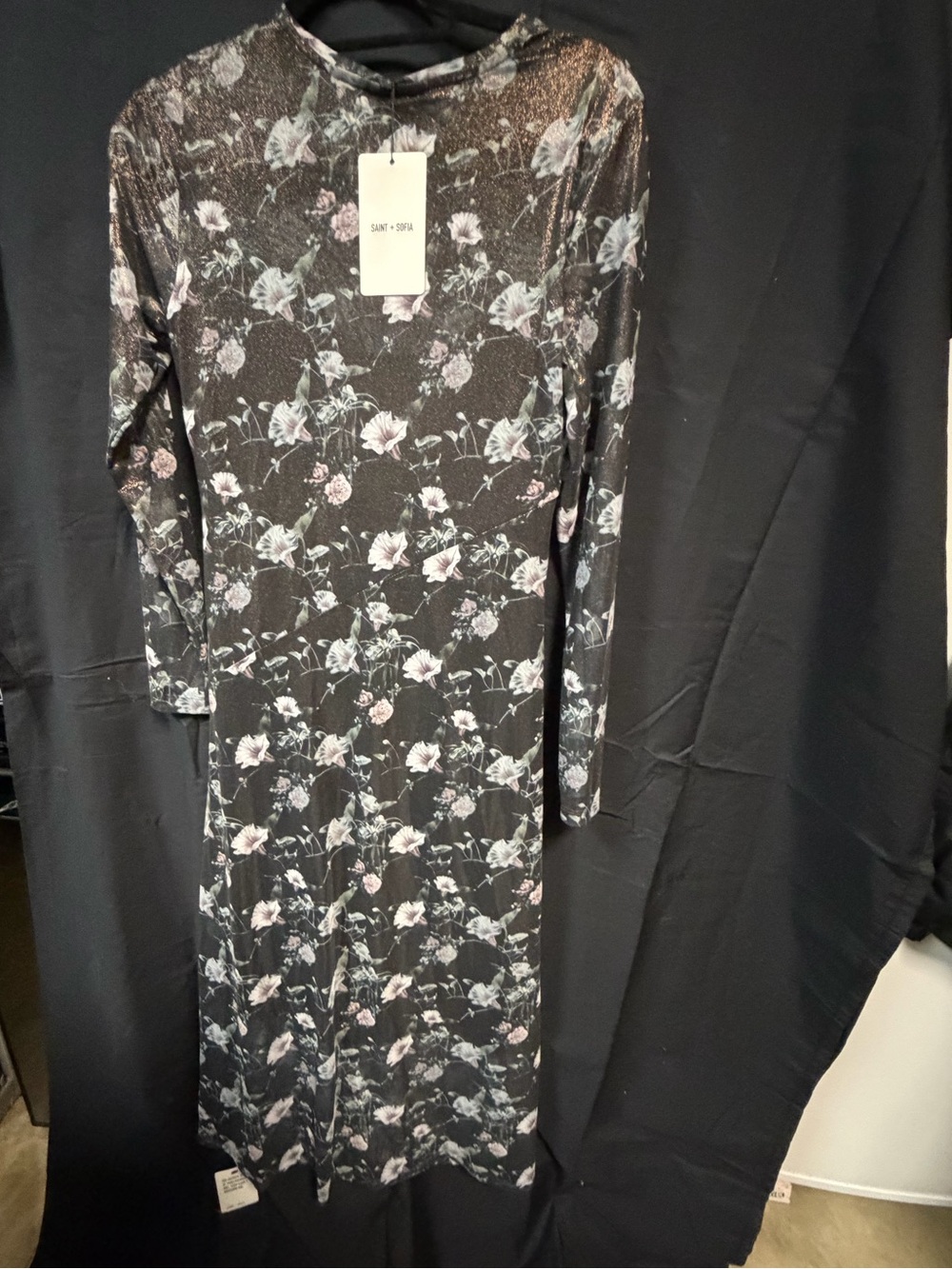 SAINT + SOFIA Black Floral Long Sleeve Midi Dress